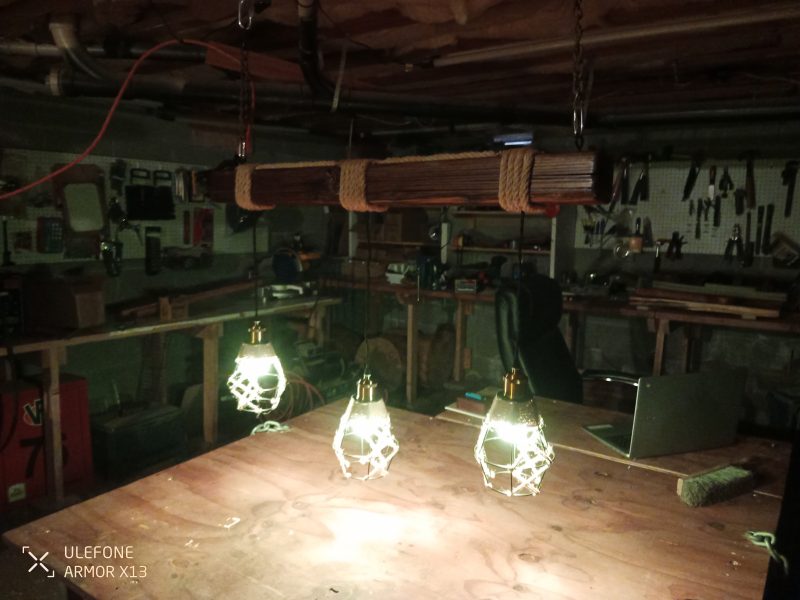 Rustic Beam Light Trio (3 lights) - Geometric Shade / Colored Remote Control Bulbs - Image 6