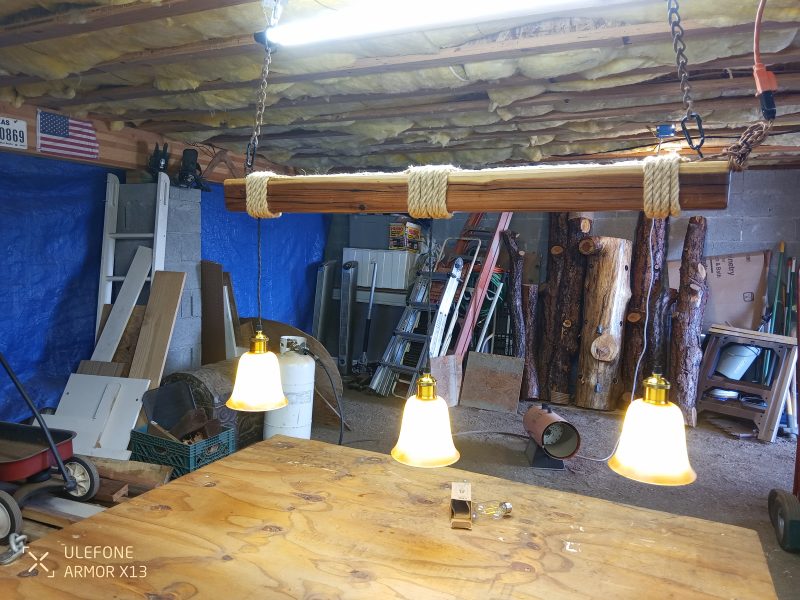 Rustic Beam Light Trio (3 lights) - Antiqued Tulip Glass Shades / Edison Light Bulbs - Image 3