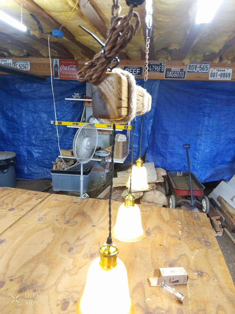 Rustic Beam Light Trio (3 lights) - Antiqued Tulip Glass Shades / Edison Light Bulbs - Image 4
