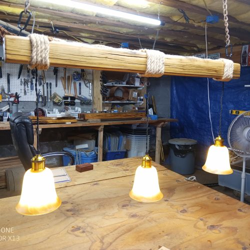 Rustic Beam Light Trio (3 lights) - Antiqued Tulip Glass Shades / Edison Light Bulbs