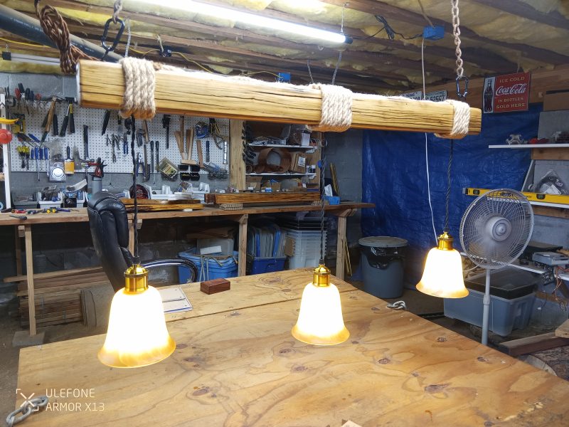 Rustic Beam Light Trio (3 lights) - Antiqued Tulip Glass Shades / Edison Light Bulbs