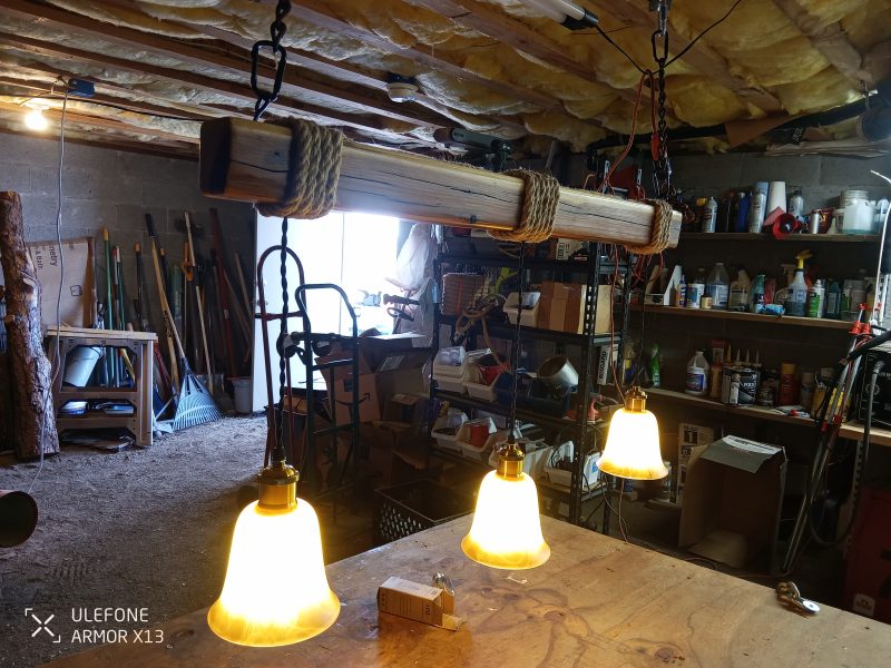 Rustic Beam Light Trio (3 lights) - Antiqued Tulip Glass Shades / Edison Light Bulbs - Image 6