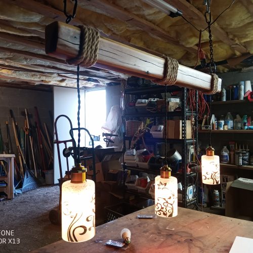 Rustic Beam Light Trio (3 lights) - Floral Scroll Metal Shade / Color Remote Controlled Bulbs