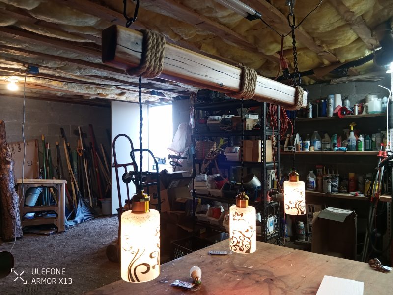 Rustic Beam Light Trio (3 lights) - Floral Scroll Metal Shade / Color Remote Controlled Bulbs