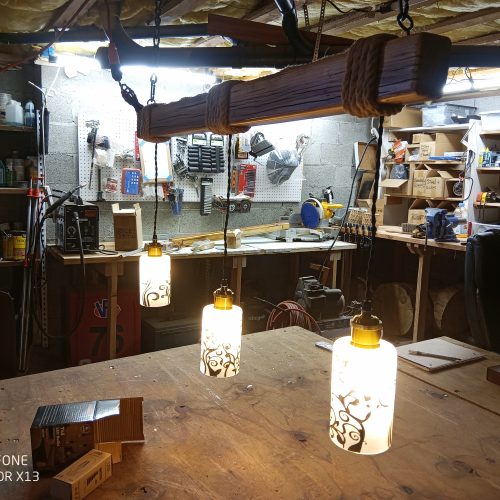 Rustic Beam Light Trio (3 lights) - Floral Scroll Metal Shade / Edison bulbs