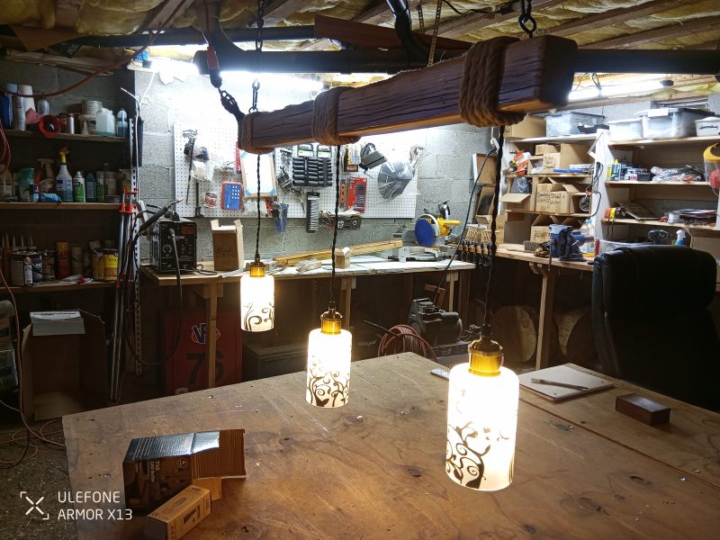 Rustic Beam Light Trio (3 lights) - Floral Scroll Metal Shade / Edison bulbs