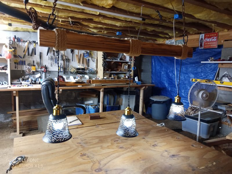 Rustic Beam Light Trio (3 lights) - Starburst Metal Shade / Color Remote Controlled Light Bulbs - Image 3