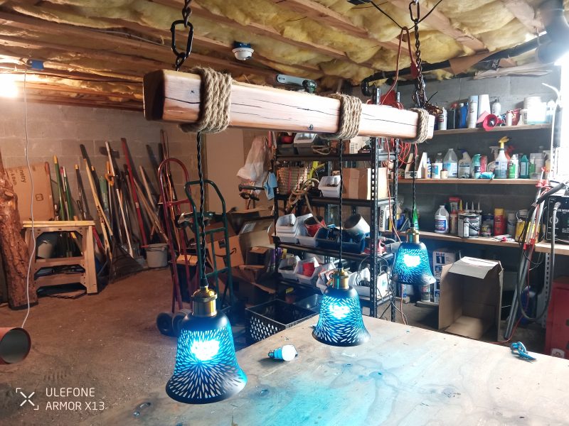 Rustic Beam Light Trio (3 lights) - Starburst Metal Shade / Color Remote Controlled Light Bulbs - Image 4