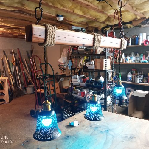 Rustic Beam Light Trio (3 lights) - Starburst Metal Shade / Color Remote Controlled Light Bulbs